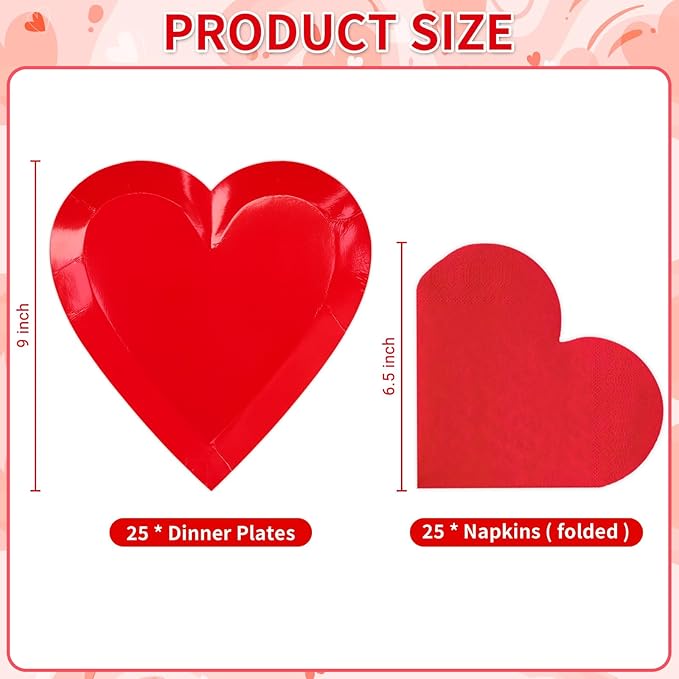 Valentine's Day Party Decorations, Disposable 9" Paper Plates and 3 Ply Napkins Heart Shaped Love for Wedding Engagement Valentine's Day, Bridal Shower, Mother's Day, Birthday Party, 50 Count / Red