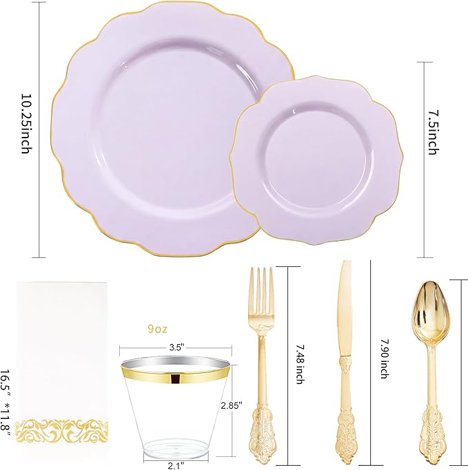 NOCCUR 175PCS Purple Plastic Plates with Gold Disposable Silverware - Include 50 Lavender and Gold Plastic Plates,25 Knives,25 Forks,25 Spoons,25 Cups and 25 Napkins - Easter Day/Spring Party