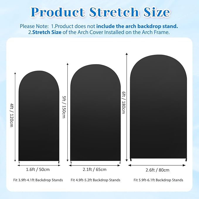 3-Piece Arch Backdrop Cover, Stretchy Spandex Wedding Arch Covers 4FT, 5FT, 6FT for Round Chiara Arch Stand, Black Arch Cover for Photo Background Happy Birthday Party Banquet Ceremony Decor