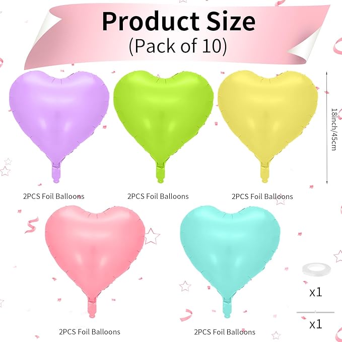 Biapian Pastel Heart Balloons, 10 Pcs Macaron Heart Shape - 18inch Pastel Pink Purple Green Teal Yellow Foil Balloons for Candy Birthday Wedding Baby Shower Easter Party Decoration