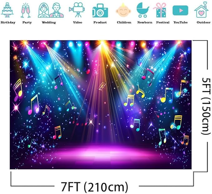 AIIKES 7x5ft Rainbow Stage Photography Backdrop1980s Colorful Disco Backdrop Rock Music Glow Neon Dance Birthday Party Decorations Backdrop XY142