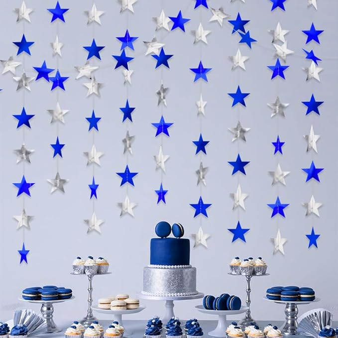 Blue Silver Shining Star Hanging Garland Blue Silver Hanging Sparkling Star Streamer Bunting Banner Twinkle Backdrop for Wedding Baby Shower Birthday Christmas Decorations 40 Feet