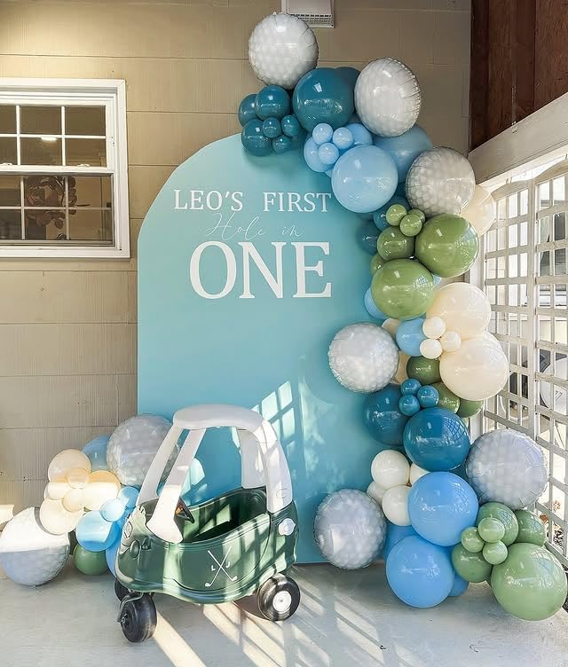 Hole in One Balloon Garland Arch Kit 131 Blue Green White Latex Balloons with Golf Cart and Ball Foil Balloons for Hole in One First Birthday Golf-Themed Retirement Party Decoration