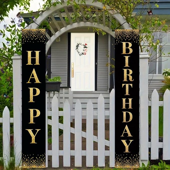 12x71 inch black gold glitter birthday porch banner indoor and outdoor hanging decoration for birthday parties, weddings, graduation ceremonies, terraces, courtyards, and home decor made of polyester fabric, reusable and easy to install