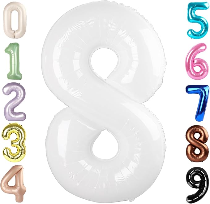 40 Inch Number 8 Balloon, White 8 18 28 80 Birthday Balloons for Men Boys, 8th Birthday Decorations Party Supplies, Wedding, Graduations