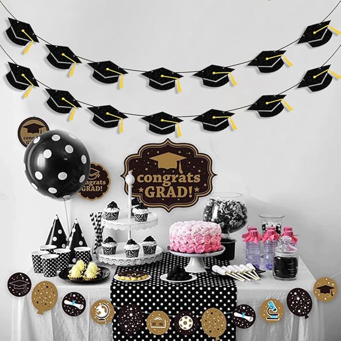 Graduation Decorations Class of 2026 Black Grad Banner Glitter Pre-strung Graduation Cap Banner for 2026 Congrats Grad Decor Party Supplies