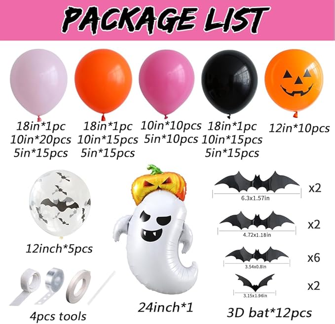 150pcs Halloween Balloon Garland Arch Kit Pink Orange Black Hot Pink Latex Balloons with Pumkin Ghost Foil Balloon for Halloween Spooky BOO Day Party Decorations