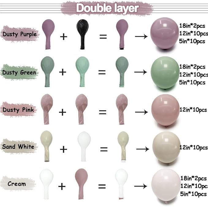 Dusty Green Purple Balloon Garland Double Stuffed Pastel Green Lavender Pink White Sand Balloon Arch Kit Light Lilac Cream Balloons for Baby Shower Easter Birthday Wedding Wildflower Fairy Party Decor