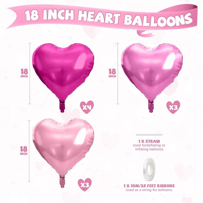 Pastel Pink Heart Balloons, 10 Pcs Hot Pink Heart Shaped Balloon, 18 Inch Light Pink Rose Red Foil Balloons Helium for Girls Women Princess Brithday Bridal Baby Shower Valentines Party Decorations