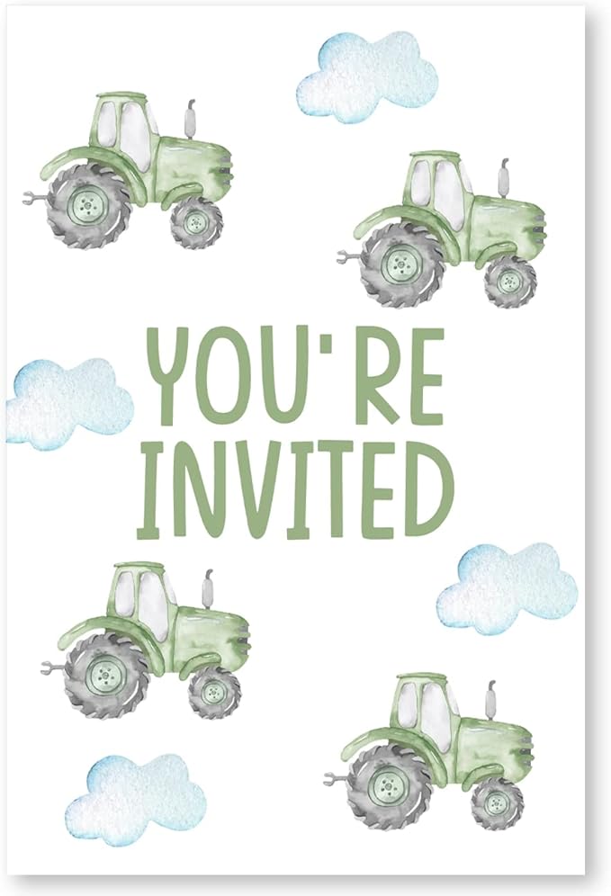 Soiceu Cute Tractor 1st Birthday Party Invitations with Envelopes Set of 20 Green Boy Farm 1st 1 Year Old First Birthday Party Invites