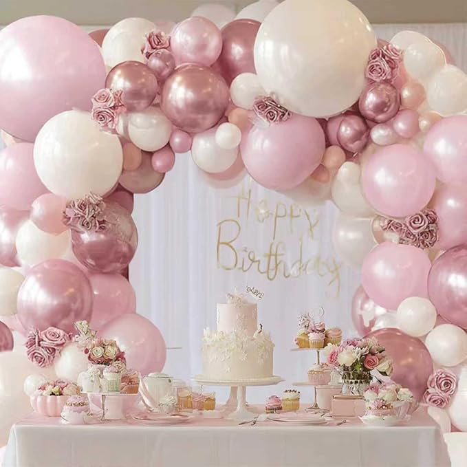 Pink and White Balloons Arch Kit,Double Stuffed Pearl Light Pink Metallic Pink Balloon Sand White Beige Ivory Balloons Garland Kit for Birthday Wedding Valentine's Day Bridal Shower Party Decoration
