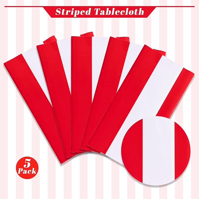 Kesfey 5 Packs Red and White Horizontal Striped Tablecloth 54 x 108 Inch Carnival Circus Theme Party Table Cloths Decorations Waterproof Rectangle Red Striped Tablecover for Picnic Birthday Party