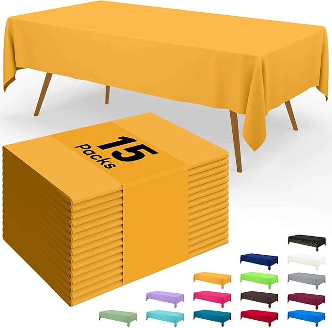 Smiry Disposable Table Cloth - 15 Pack, 54 x 108 Inch Waterproof Rectangle Tablecloths for Parties, Decorative Plastic Table Cover, Leakproof & Sturdy, Mustard Yellow