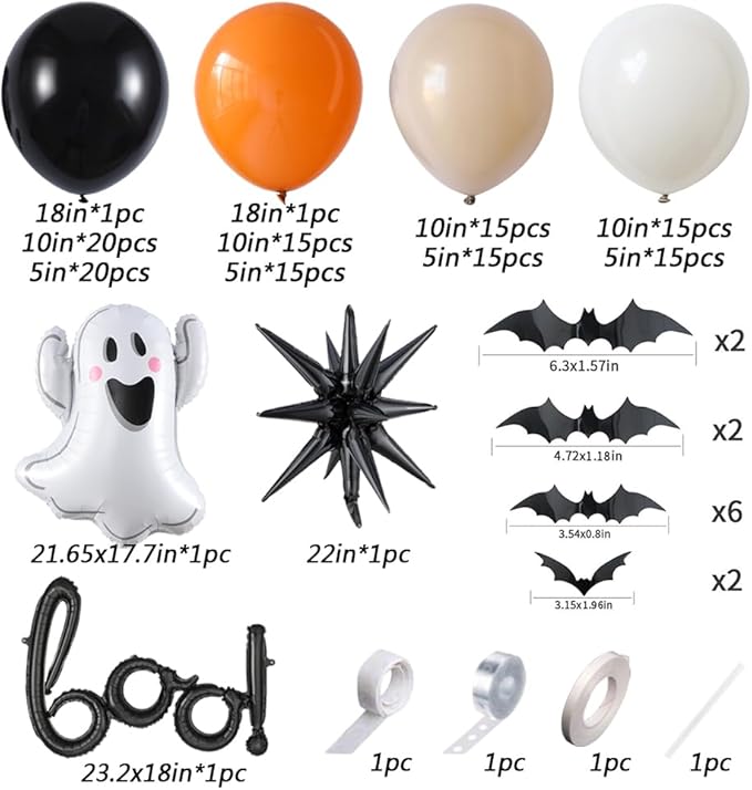 Halloween Little BOO Balloon Garland Arch Kit, 151 Pcs Black Burnt Orange Retro White Latex Balloons with Ghost and Boo Foil Balloon for Spooky One Costume Halloween Party Decorations
