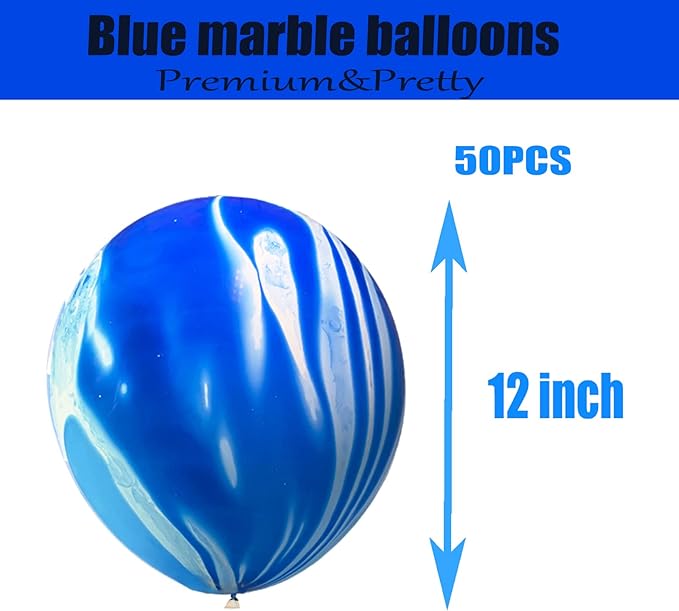 Blue Marble Balloons Marbled Agate Latex Swirl Blue Balloons 12 Inch 50 PCS Tie Dye for Birthday Party Christmas Decoration Wedding Baby Shower Festival