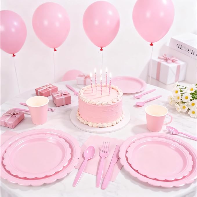 176 PCS Pink Party Decorations - Light Pink Scalloped Plates, Napkins, Cups, Cutlery, Tablecloth for Baby Shower, Wedding, Birthday Party Decorations, Serves 25