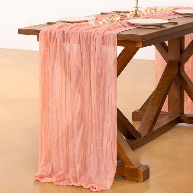 Socomi 3pcs Coral Peach Easter Spring Cheesecloth Table Runner Boho Rustic Gauze 120 inch 10FT Cheese Cloth Runner for Wedding Party Baby Shower Birthday Home Decor Holiday Decorations