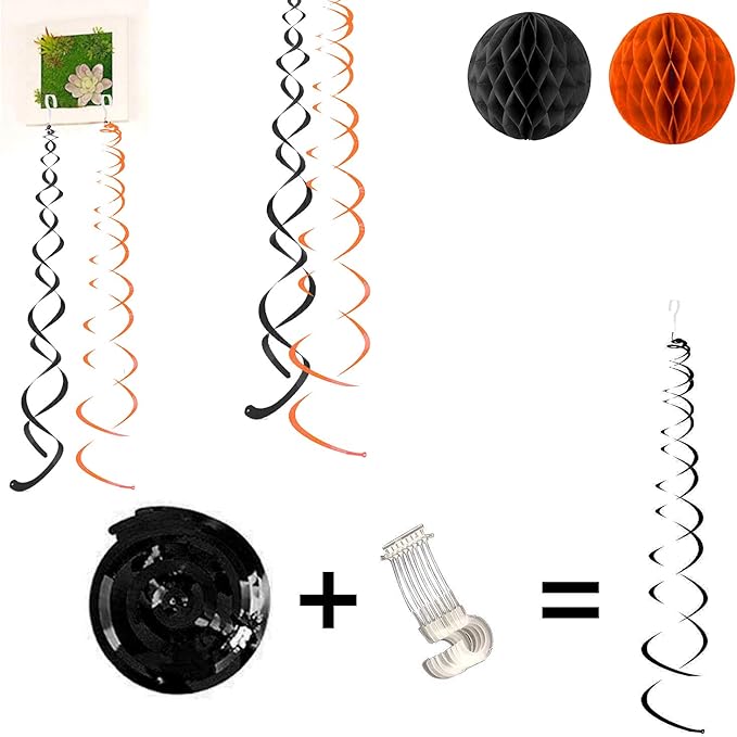 Fecedy Black Orange Happy Birthday Banner Paper Triangle Flag Bunting Circle Confetti Dots Hanging Garland and Honeycomb Ball Swirl Streamers for Birthday Baby Shower Halloween Party Decoration