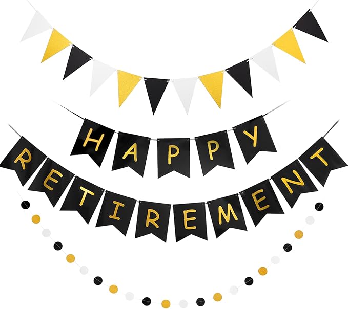 Happy Retirement Banner Assembled GAGAKU Black and Gold Retirement Party Decorations Supplies Kit Gold Glitter Paper Pennant Banner for Men Women Office Farewell Party