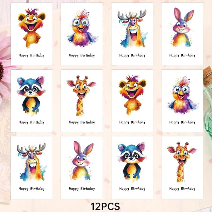Birthday Cards Pack of 12,Birthday Cards Bulk for Women Men Kids Assorted Birthday Greeting Cards for Kids Assortment, 12 Card with Envelopes (Cartoon animals)