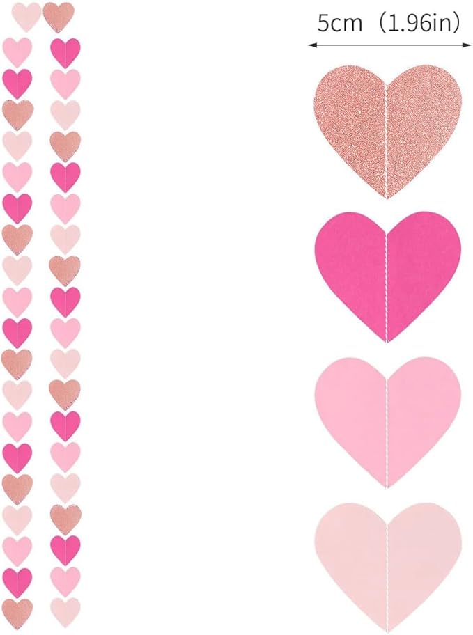 Hot-Pink Rose-Gold Heart Garland Hanging Decorations, 52 Feet, Hanging Streamers for Valentine, Wedding, Birthday Parties, Mother's Day, Bridal Showersal, Bachelorette Party (Hot-Pink Rose-Gold)