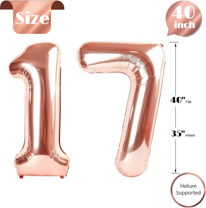 Rose Gold Number 17 Balloon 40 inch, 17 Number Balloons, 17th Birthday Decorations for Girls Boys, 17 Year Old Rose Gold Party Supplies