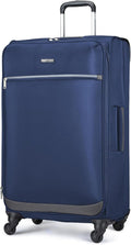 Amazon Basics 28" Large Checked Softside Expandable Suitcase with 360-Degree Multi-directional Spinner Wheels, Zippered Pockets, Telescoping Handle, Spacious, Navy Blue