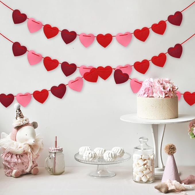 Valentines Day Decorations, 6 Strips Valentines Day Garland - Felt Heart Garland Banner for Mantle, Wall, Party Valentine Decorations - Hanging Hearts Decorations for Valentine Decor
