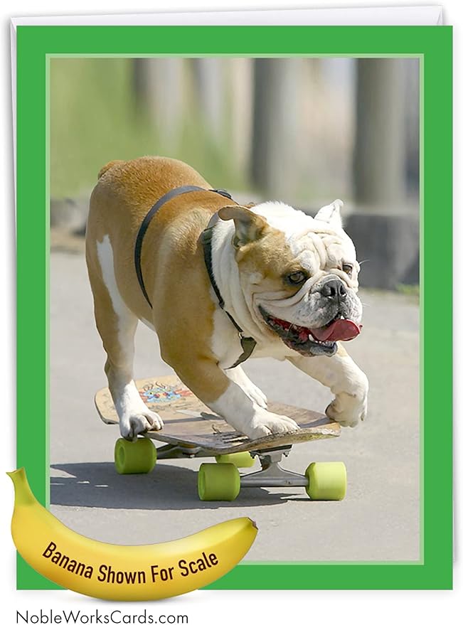 NobleWorks - Hilarious Happy Birthday Card with Envelope (8.5 x 11 Inch) - Funny Animal Greeting Card From All Of Us - Skating Bulldogs - Green Wheels J9517EBDG-US