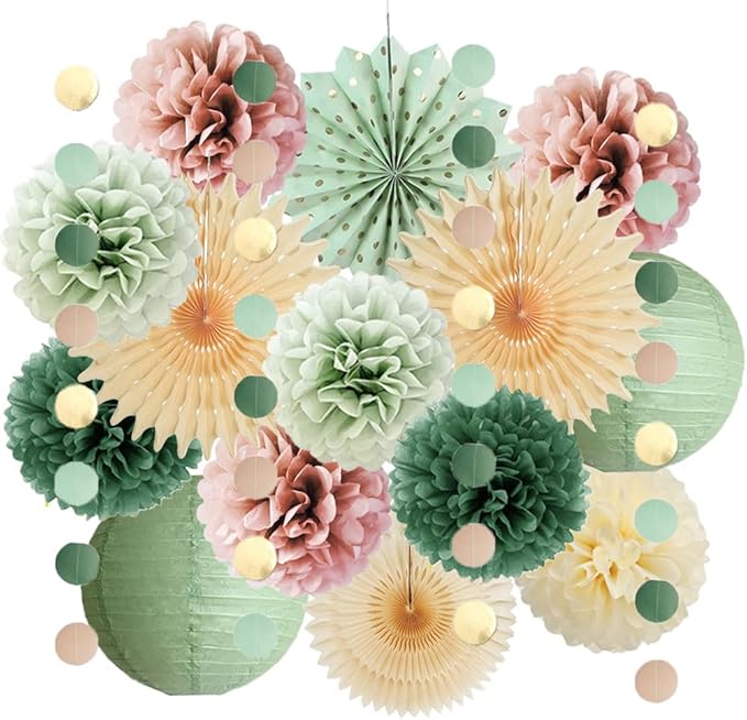 Sage Green and Dusty Pink Party Decorations Retro Olive Sage Green and Dusty Rose Party Decorations Cream Poms Beige Fans for Boho Pink Birthday Baby Shower Bridal Shower Wedding Engagement