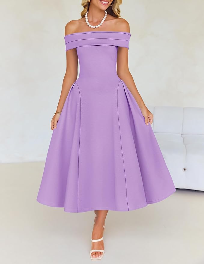 ZESICA Summer 2026 Cocktail Dresses for Women's Off Shoulder Short Sleeve Swing A Line Wedding Evening Party Midi Dress