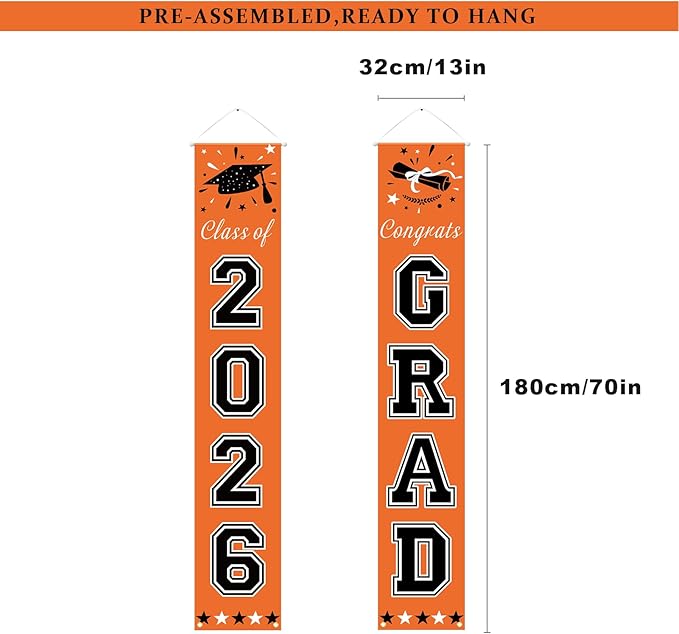 DAZONGE 2026 Graduation Party Decorations Orange and Black - Congrats Grad Banner Party Supplies - Graduation Decorations Class of 2026 for Any Schools or Grades