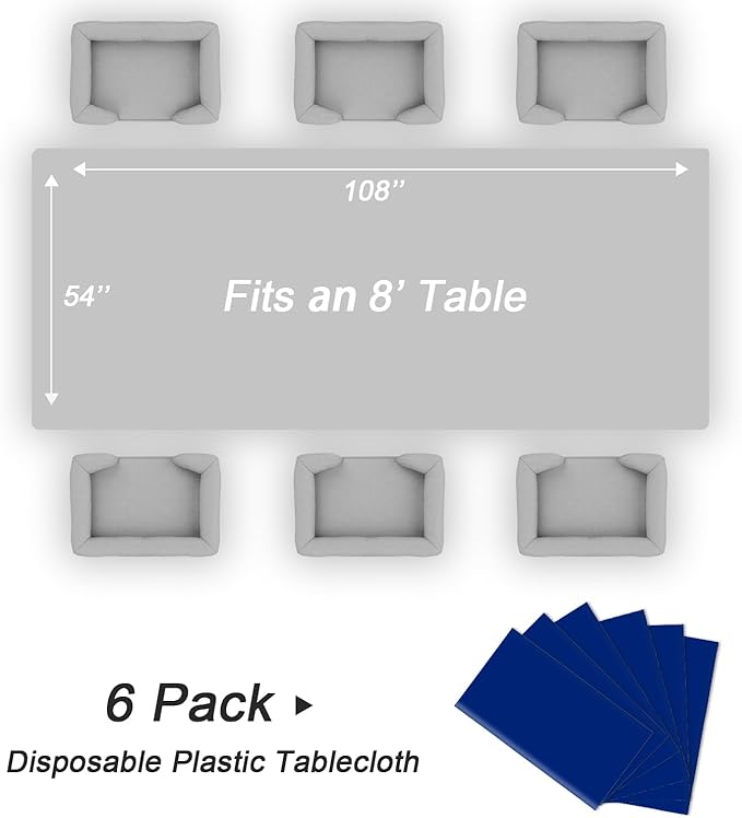 QIKSION Royal Blue Plastic Table Cloth Disposable 6 Pack, 54 x 108 Inch Tablecloths for Party, Graduation, Patriotic, Veterans Day Decorations, Dark Blue Rectangle Table Cover