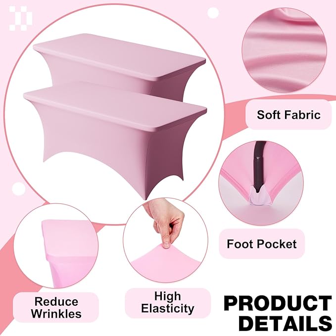 Trlyc 2 Pack 4FT Spandex Table Cloth - 48 x 30 Inch Rectangular Stretch Tablecloth, Wrinkle Resistant Scretch Table Cover for Wedding, Party, Banquet, Picnic, Outdoor Decoration (2Pcs,Pink)