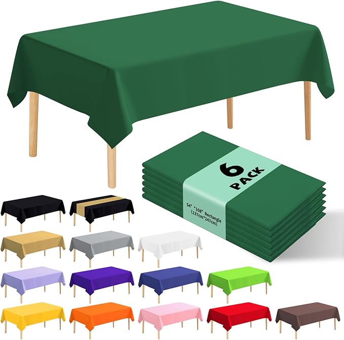 6 Pack Premium Disposable Plastic Tablecloth 54" x 108" Party Table Cloths Disposable for 6 to 8 Foot Tables Indoor or Outdoor Birthdays Weddings Christmas Buffet Table (Dark Green)