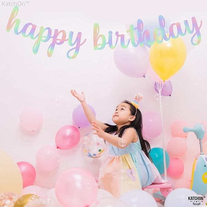 KatchOn, Pre-Strung Iridescent Happy Birthday Banner - 10 Feet | Iridescent happy Birthday Sign for Holographic Happy Birthday Decorations | Mermaid Birthday Decorations | Iridescent Party Decorations