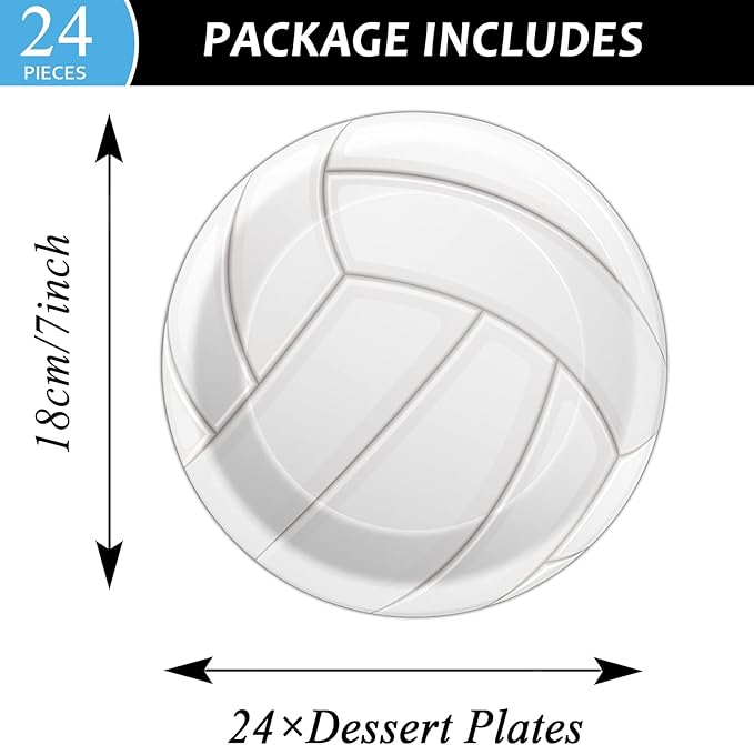 Wiooffen 24pcs Volleyball Party Supplies Paper Plates Set Disposable Tableware Pack Volleyball Party Dessert Plates Sports Birthday Baby Showers Holidays Decorations, 7"