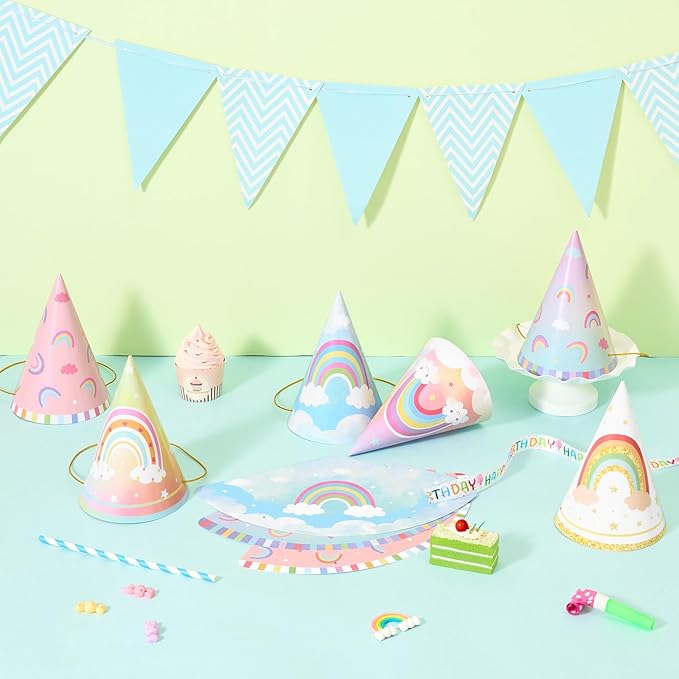 WERNNSAI Birthday Party Hats - 12 Pcs Birthday Party Supplies Cone Hat Headbands Colorful Paper Party Hats for Kids