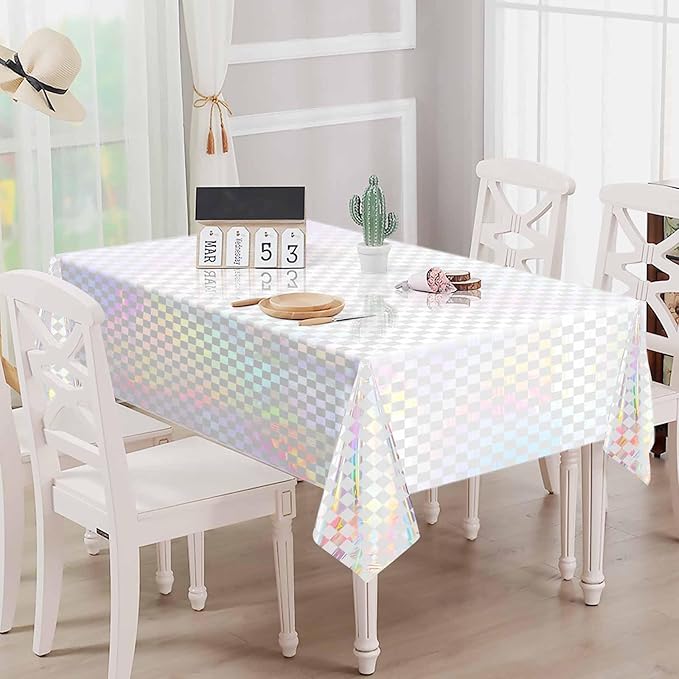 1 Pack White and Iridescent Checkered Tablecloth Shiny Disposable Holographic Foil Table Cloth Plastic Laser Rectangle Table Cover for Picnic Birthday Party Race Car Tablecloth