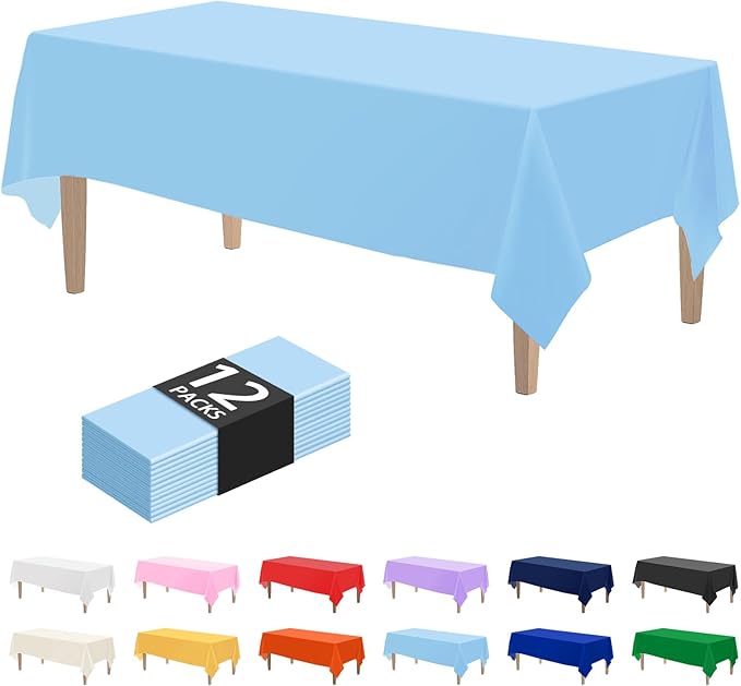 Kopokita 12PCS Light Blue Plastic Tablecloths 54 x 108 Inch, Disposable Table Cloths Rectangle Party Table Covers
