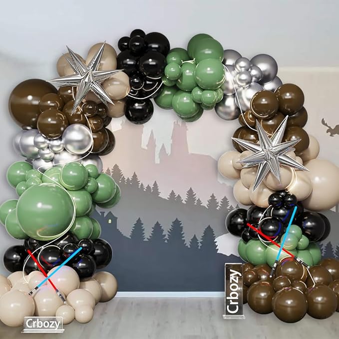 Galaxy Wars Party Decorations 149Pcs Sage Green Brown Balloon Garland Arch Kit Sand White Black Silver Balloons for Universe Star Birthday One With The Force Party Supplies