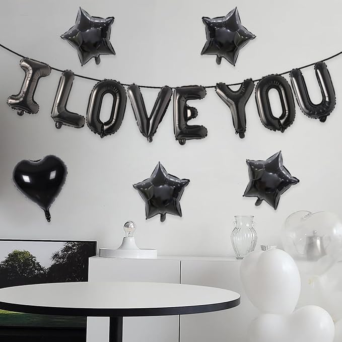 2 Set 16Pcs Black I LOVE YOU Letter Balloons 16in Balloon Foil Letter Decorations Party Decor Black Letter Balloons I LOVE YOU Party Supplies