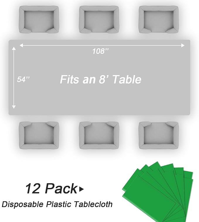 QIKSION Green Plastic Table Cloth Disposable 12 Pack, 54 x 108 Inch Tablecloths for St Patricks Day, Birthday Party, Christmas Decorations, Rectangle Table Cover