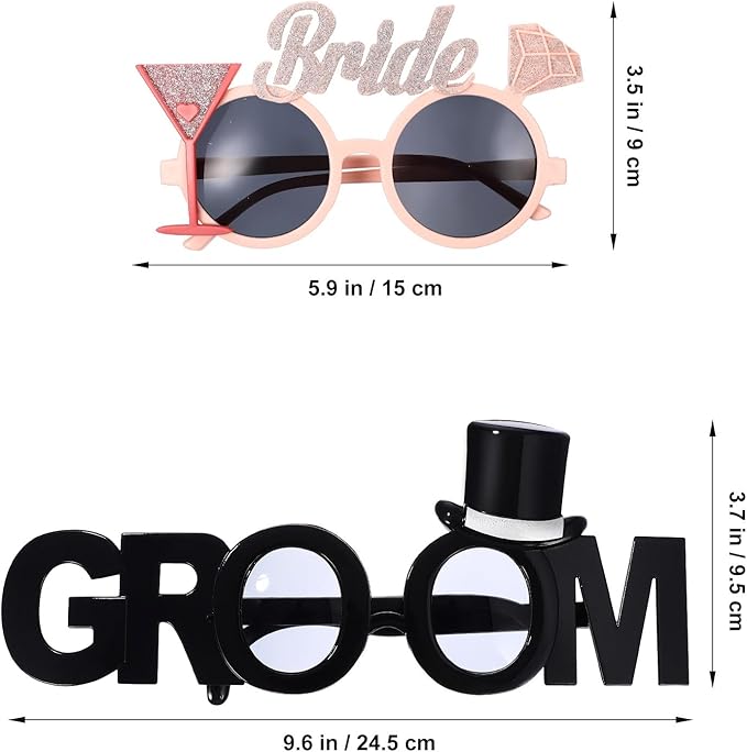 Gadpiparty 2Pcs Groom Bride Party Sunglasses Funny Glitter Party Glasses Fancy Dress Props for Wedding Hen Bridal Shower Bachelorette Decoration