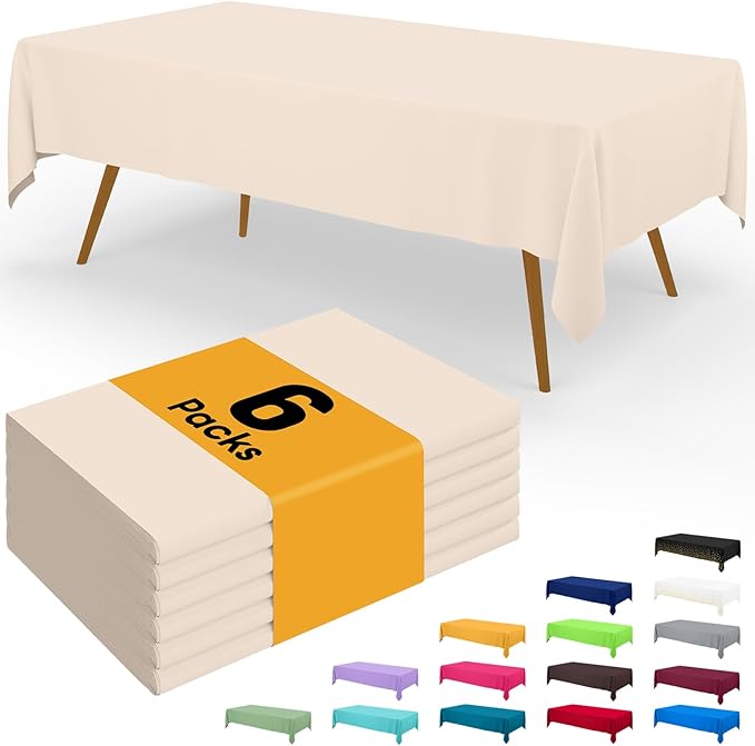 Smiry Disposable Table Cloth - 6 Pack, 54 x 108 Inch Waterproof Rectangle Tablecloths for Parties, Decorative Plastic Table Cover, Leakproof & Sturdy, Ivory