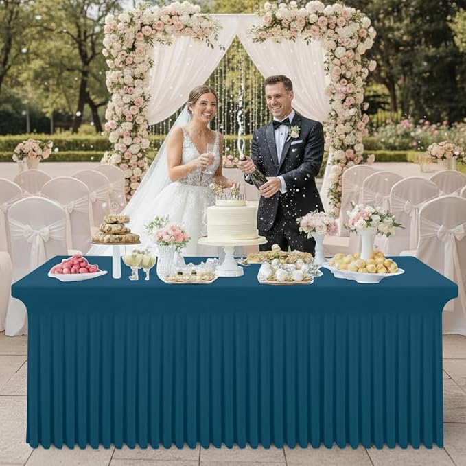 Smiry Spandex Tablecloth 2 Pack, Elastic Fitted Stretch Tablecloth for 8FT Rectangle Tables, Waterproof Washable Table Cover Skirt for Wedding, Banquet & Parties (Peacock Blue, 96Lx30Wx30H Inch)