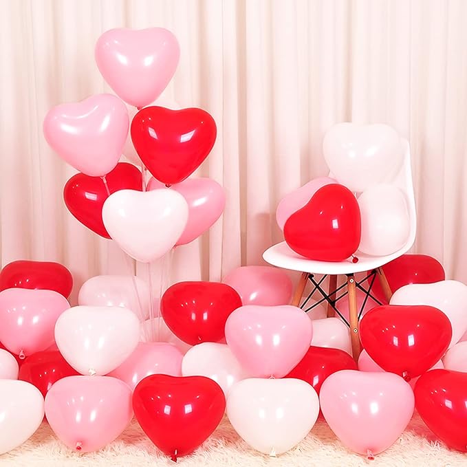 60 Pcs Love Heart Balloons 10-inch Red Pink White Latex Heart Balloons for Valentines Day Wedding Anniversary Engagement Birthday Garden Company Celebration Graduation Prom Party Romantic Decor