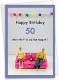 NobleWorks - 50th Funny Card for Birthday - Milestone Bday of 50 Years, Celebrate and Congrats Notecard with Envelope - How Did 50 Happen C7323MBG