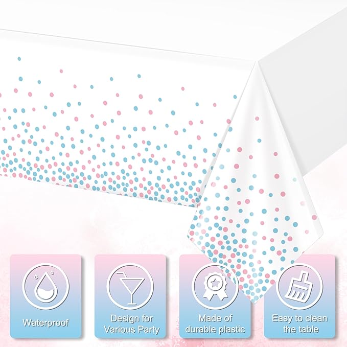3Pack White and Pink Blue Plastic Tablecloth, White Disposable Table Cloth for Rectangle Tables, Pink Blue Stamping Dot White Tablecloth for Gender Reveal Baby Shower Birthday Party Supplies, 54"x108"