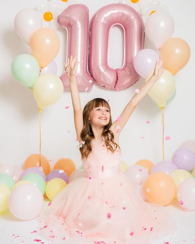 10 Number Balloons, 40 Inch Pearl Pink Balloons for Woman Man 10th Birthday Decoration, Foil Number 10 Ballon for 10, 100 Anniversary, Bridal Shower, Graduation, Wedding, Valentine's Day